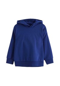 Felpa con cappuccio blu marina in cotone. Presenta una vestibilità comoda, maniche lunghe e un orlo a coste. Nessun motivo o elemento metallico visibile.