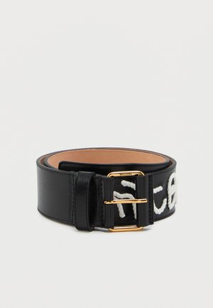 Black leather belt with a gold buckle and white embroidered text. Features a smooth texture and rounded edges.