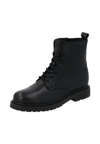 Stivaletti neri con lacci in pelle liscia, caratterizzati da colletto imbottito, suola robusta in gomma e dettaglio logo circolare sul lato.