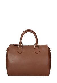 Borsa a mano in pelle marrone con una forma strutturata, manici superiori doppi, hardware in tonalità oro e finitura texturizzata. Presenta una chiusura con zip e dettagli laterali.