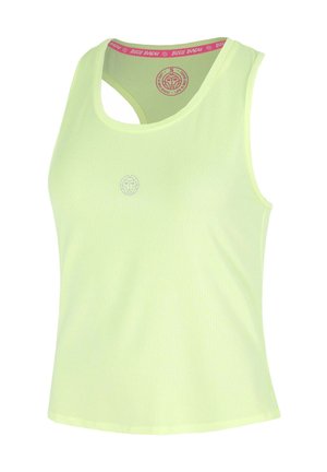 Lichtgroen, mouwloos sporttanktop met ademende stof en een klein logo aan de voorkant bij de borst.