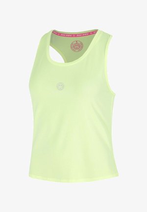 Lichtgroen, mouwloos sporttanktop met ademende stof en een klein logo aan de voorkant bij de borst.