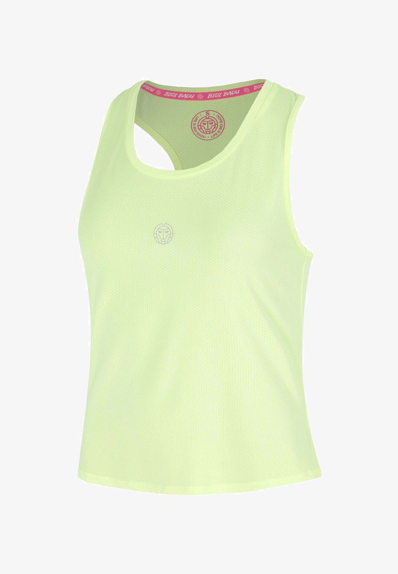 Débardeur de sport sans manches vert clair avec tissu respirant et petit logo à l'avant près de la poitrine.