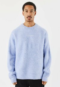 Lichtblauwe fuzzy trui met een ronde hals, lange mouwen en een subtiele logo op de borst. Zachte textuur en een ontspannen pasvorm.
