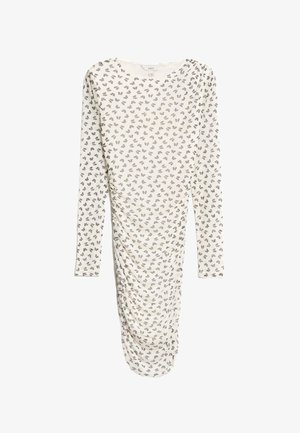 Langärmliges, gerafftes Kleid mit einem cremefarbenen Hintergrund und verstreuten grauen Blumenmustern. Weicher Stoff, taillierte Form und Raffung unter der Brust.