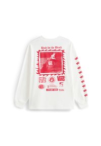 Maglietta bianca a maniche lunghe con grafiche rosse, tra cui il testo "Built for the Beach" e diversi design del logo sul retro e sulle maniche.