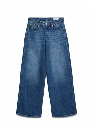 Jean en denim bleu à jambes larges avec poches avant, passants pour ceinture et fermeture par bouton, présentant un effet délavé.