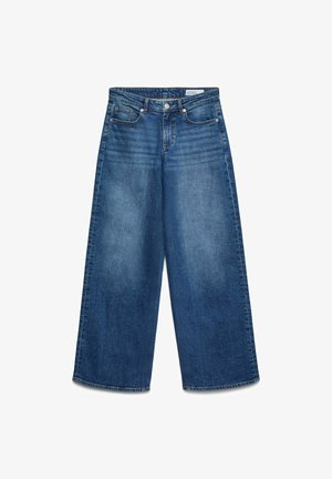 Zilas vaļīgas piegriezuma džinsa bikses ar priekšējām kabatām, jostas cilpām un pogas aizdari, redzami izbalinātas mazgāšanas raksti.