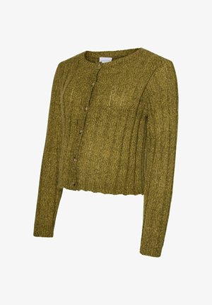 Oliwkowy krótki kardigan z długimi rękawami, okrągłym dekoldem, prążkowaną fakturą i pięcioma guzikami na przodzie.