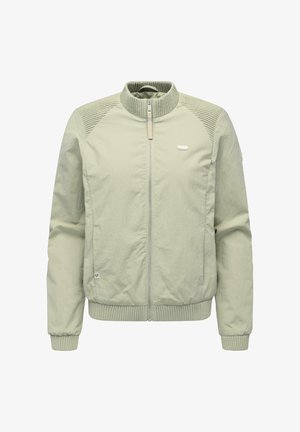 Vaaleanvihreä vetoketjullinen takki, jossa on resorikaulus, resorirannekkeet ja resorireuna, tikattu hartiadetaili ja pieni logopatch rintakehällä.