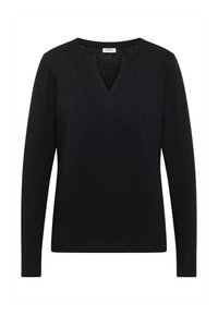 Schwarzes langärmliges Shirt mit V-Ausschnitt. Hergestellt aus weichem Stoff, hat eine schlichte, schlanke Form ohne zusätzliche Muster oder Akzente.