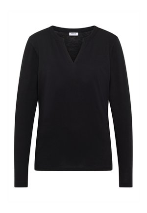 Sort langærmet skjorte med V-hals. Lavet af blødt stof, har en simpel, strømlinet form uden yderligere mønstre eller accenter.
