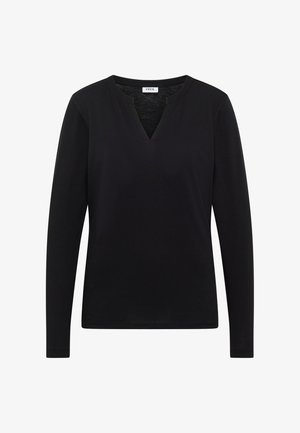 Camiseta negra de manga larga con diseño de cuello en V. Hecha de una tela suave, presenta una forma simple y estilizada sin patrones o acentos adicionales.