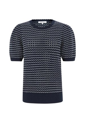 Pulover tricotat bleumarin cu model unduit, mâneci scurte bufante și guler și tiv cu nervuri. Prezintă fire deschise pentru contrast de textură.