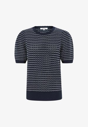 Námornícka modrá pletená sveter s vlnovitým vzorom, krátkymi balónovými rukávmi a rebrovaným výstrihom a lemom. Obsahuje svetlé nitky pre kontrast textúry.