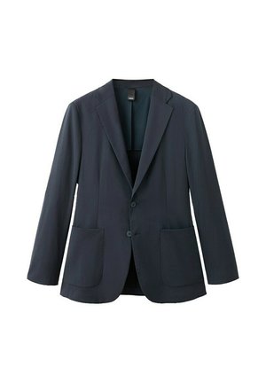 Tmavomodré námornícke sako s dvoma vreckami na prednej strane a dvoma gombíkmi, vybavené golierom s výrezom.