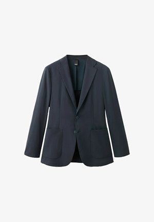 Tmavomodré námornícke sako s dvoma vreckami na prednej strane a dvoma gombíkmi, vybavené golierom s výrezom.