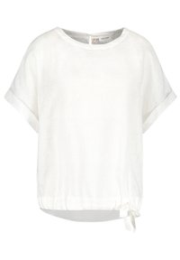 Haut en lin blanc avec un col rond, des manches courtes et un ourlet à cordon de serrage, présentant une texture lisse et des détails minimaux.