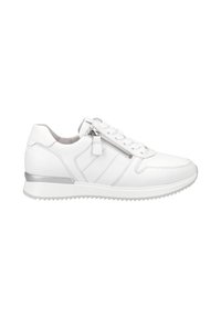 Sneaker bianco con lacci e cerniera laterale, realizzato in pelle liscia. Presenta cuciture sottili, un'accensione argentata sul tallone e una suola testurizzata.
