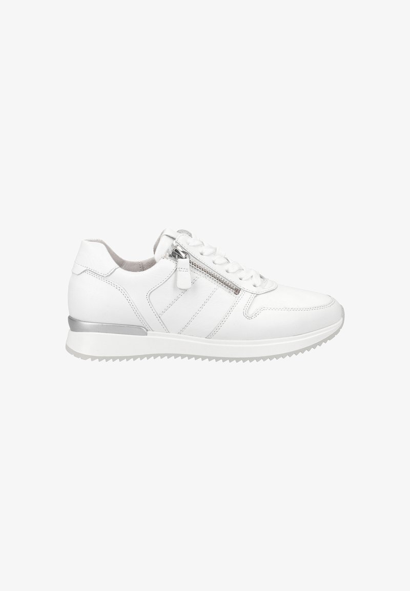 White lace-up sneaker with a side zip, made of smooth leather. Features subtle stitching, a silver accent on the heel, and a textured sole.