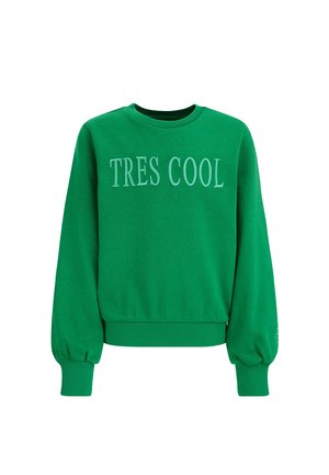 Groen sweatshirt met lange mouwen, geribbelde boorden en zoom, met de geborduurde tekst "TRES COOL" op de voorkant.