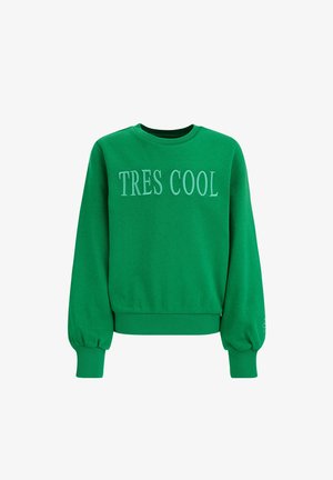 Zielona bluza z długim rękawem z prążkowanymi mankietami i brzegiem, z wyhaftowanym napisem "TRES COOL" na przodzie.