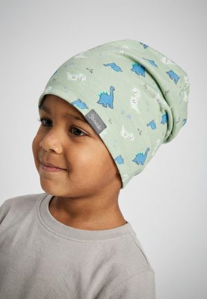 Young child wearing a light green beanie with blue and white dinosaur prints and a light gray shirt, looking slightly to the side.