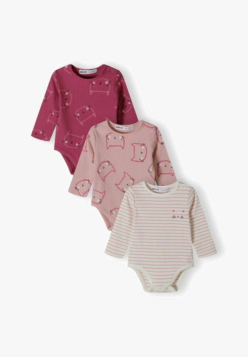 Trys ilgomis rankovėmis kūdikių bodysuitai iš įribuoto audinio: vienas tamsiai rožinis su gyvūnų raštais, vienas šviesiai rožinis su spaudiniais ir vienas dryžuotas kremas.