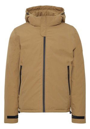 Braune isolierte Jacke mit hohem Kragen, Frontreißverschluss und zwei Seitentaschen. Mit schwarzen Reißverschlussakzenten und verstellbaren Manschetten.