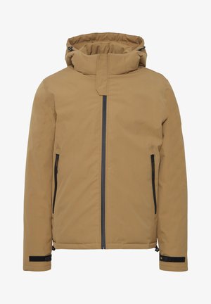 Braune isolierte Jacke mit hohem Kragen, Frontreißverschluss und zwei Seitentaschen. Mit schwarzen Reißverschlussakzenten und verstellbaren Manschetten.