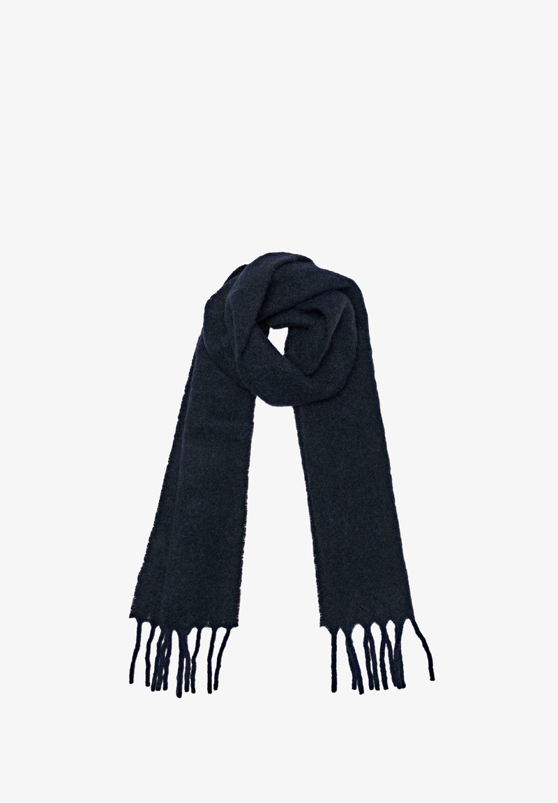 Mørkeblå tørklæde lavet af blødt, struktureret stof, med frynser på begge ender og en lang rektangulær form, der er velegnet til at vikle.