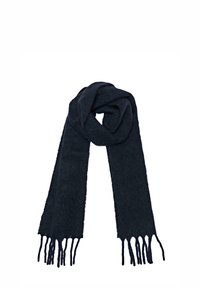 Scarf di un blu scuro, realizzato in un tessuto morbido e texturizzato, con dettagli a frange su entrambe le estremità e una forma rettangolare lunga adatta per essere avvolta.