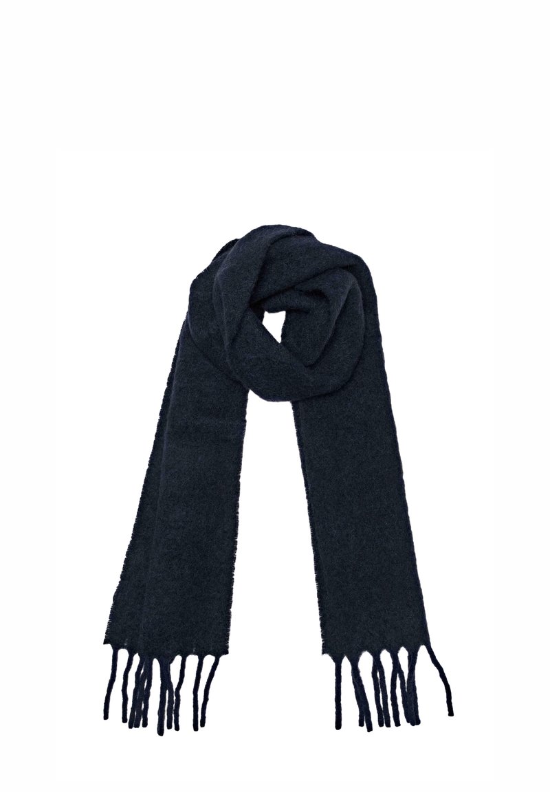 Scarf di un blu scuro, realizzato in un tessuto morbido e texturizzato, con dettagli a frange su entrambe le estremità e una forma rettangolare lunga adatta per essere avvolta.
