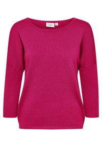 Magenta långärmad stickad topp med båtkrage och ribbade ärmar, uppvisad mot en enkel vit bakgrund.