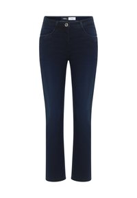 Donkerblauwe denim jeans met een recht gesneden ontwerp. Heeft voorzakken, een knoopsluiting en subtiele stikdetails. Soepele textuur.