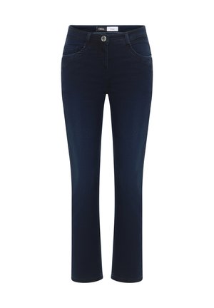 Dunkelblaue Denim-Jeans mit geradem Bein. Verfügt über Fronttaschen, einen Knopfverschluss und dezente Nähdetails. Glatte Textur.