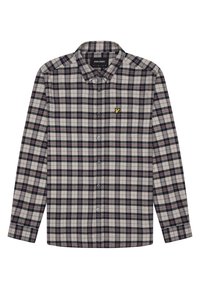 Kraag overhemd met lange mouwen in een beige, zwart en bordeaux ruitpatroon. Kenmerkt zich door een klein geel logo op de borst en een knoopsluiting aan de voorkant.
