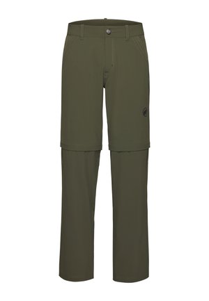 Olivgrüne Wanderhose mit Reißverschluss zum Abnehmen, Gürtelschlaufen, vorne mit Knopf und Seitentaschen, mit kleinem schwarzem Logo am rechten Oberschenkel.