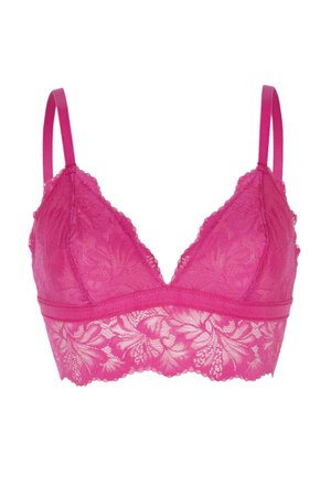 Bralette rosa in pizzo con coppe triangolari, spalline regolabili, motivo floreale e morbido elastico nella parte inferiore per il supporto.