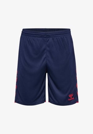 Marineblauwe sportshorts met elastische tailleband, rode chevronstrepen aan de zijkanten en rood hummel-logo op het linkeronderbeen.