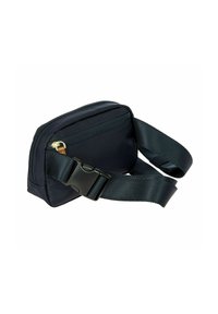 Borsa a tracolla in tessuto blu navy con chiusura a zip, tracolla regolabile e dettagli in metallo dorato. Forma rettangolare compatta con superficie testurizzata.