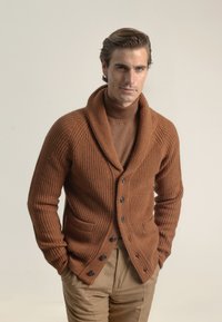 Cárdigan marrón con relieve y cuello de chal, con cierre de botones y bolsillos frontales. Lleva puesto un cuello de cisne marrón a juego.