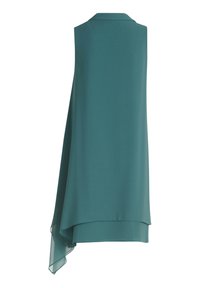 Ärmelloses Oberteil aus türkisfarbenem Stoff mit einem drapierten Design, das einen Kragen und einen asymmetrischen Saum aufweist. Glatte Textur mit weichem Fall.