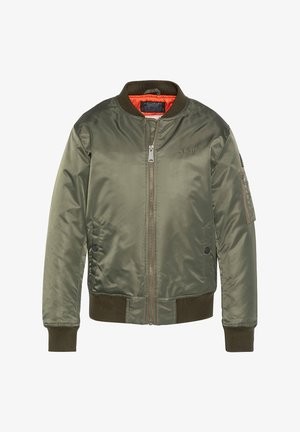 Olivenfarbene Bomberjacke aus glänzendem Stoff mit Frontreißverschluss, gerippten Bündchen und orangefarbenem Innenfutter; verfügt über eine Seitentasche.