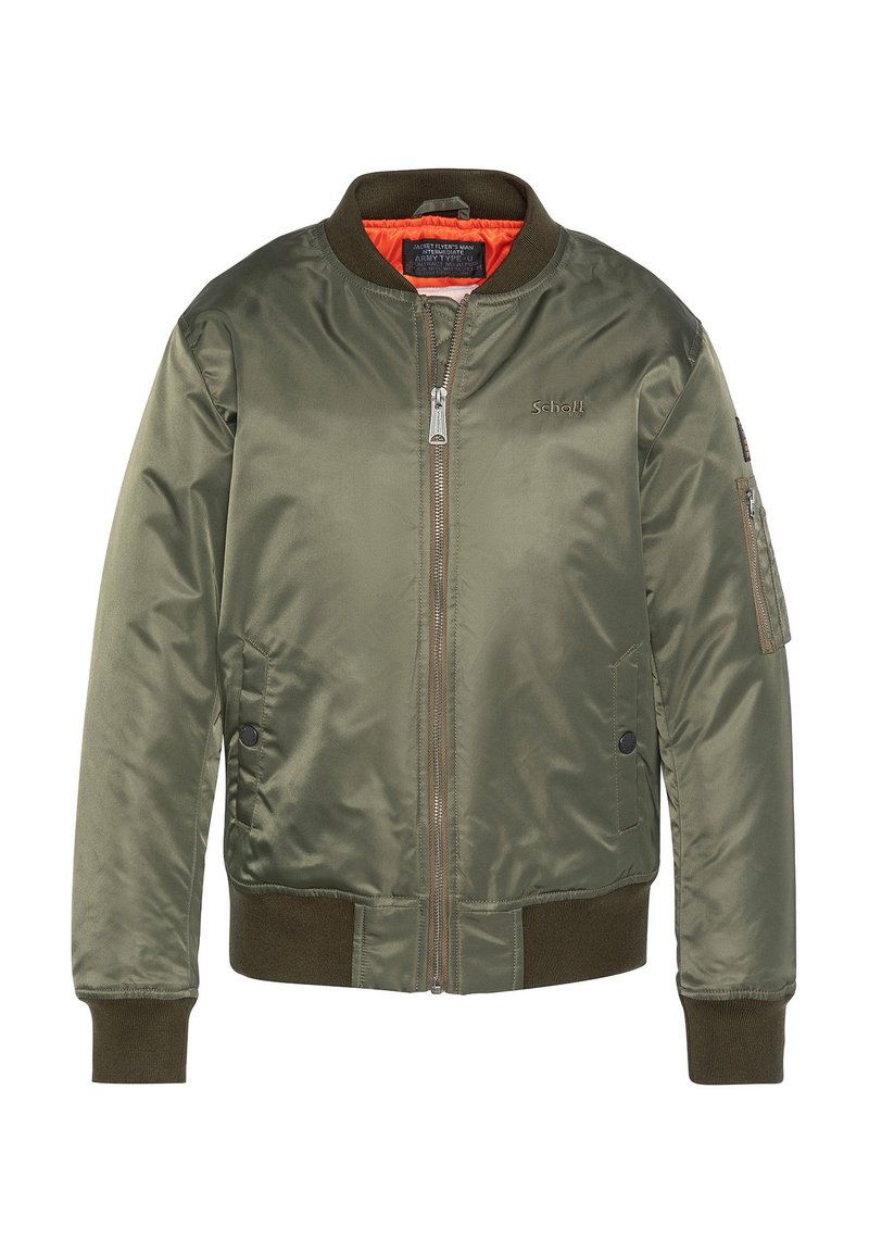Olivenfarbene Bomberjacke aus glänzendem Stoff mit Frontreißverschluss, gerippten Bündchen und orangefarbenem Innenfutter; verfügt über eine Seitentasche.