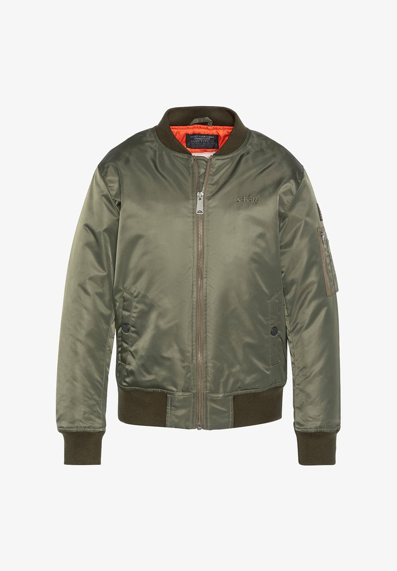 Veste bomber vert olive en tissu brillant avec une fermeture éclair sur le devant, des poignets côtelés et une doublure intérieure orange ; elle possède une poche latérale.