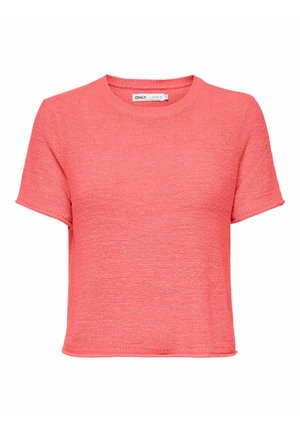 Korallinpunainen lyhythihainen neulepusero pyöreällä pääntiellä, resoroiduilla reunoilla ja hieman lyhennetyllä mitalla.