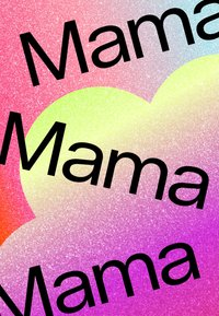 Lyst gradientbakgrunn med overlapping av pastellfargede hjerter og stor svart tekst som gjentar ordet "Mama" diagonalt.