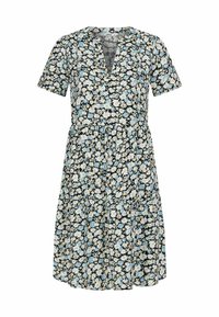 Květinové šaty s krátkým rukávem, černým pozadím a bílými, modrými a žlutými květy. Mají výstřih do V a nabraný pas.