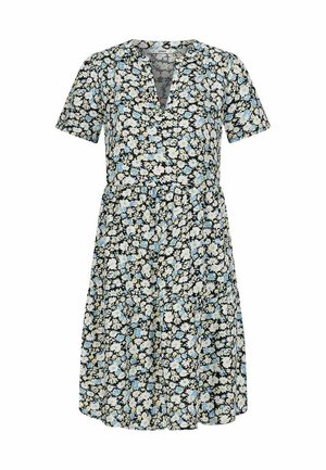 Květinové šaty s krátkým rukávem, černým pozadím a bílými, modrými a žlutými květy. Mají výstřih do V a nabraný pas.